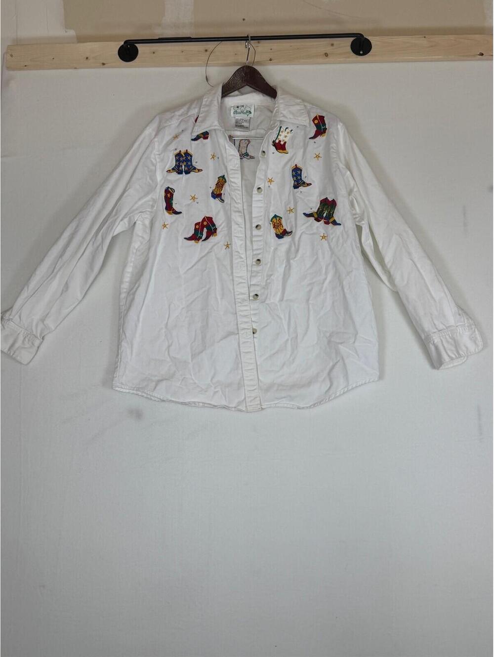 The Quaker Factory Women's L White Cotton Embroidered Cowboy‎ Boot Shirt